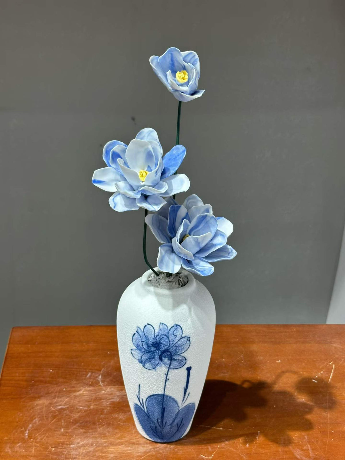 Blue Porcelain Flowers with Tall Floral Vase