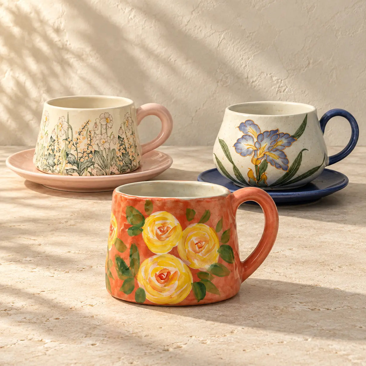 Floral ceramic cups and saucers in pink and blue beside a coral mug decorated with yellow roses.