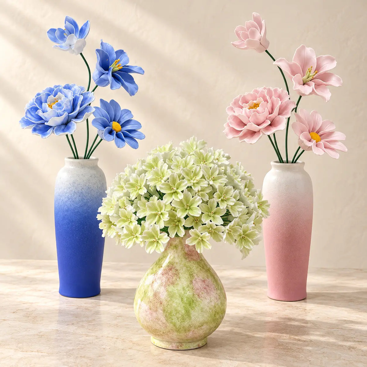 Blue, blush pink and pale green porcelain flower arrangements in decorative ceramic vases on a cream stone surface.
