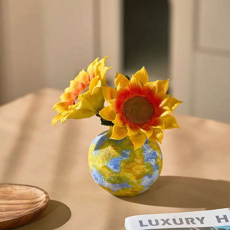 Ceramic Sunflower Arrangement in Painted Vase