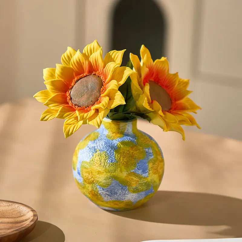 Ceramic Sunflower Arrangement in Painted Vase